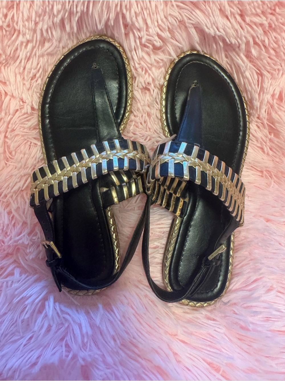 Aldo Black Sandals with Gold Braided Trim